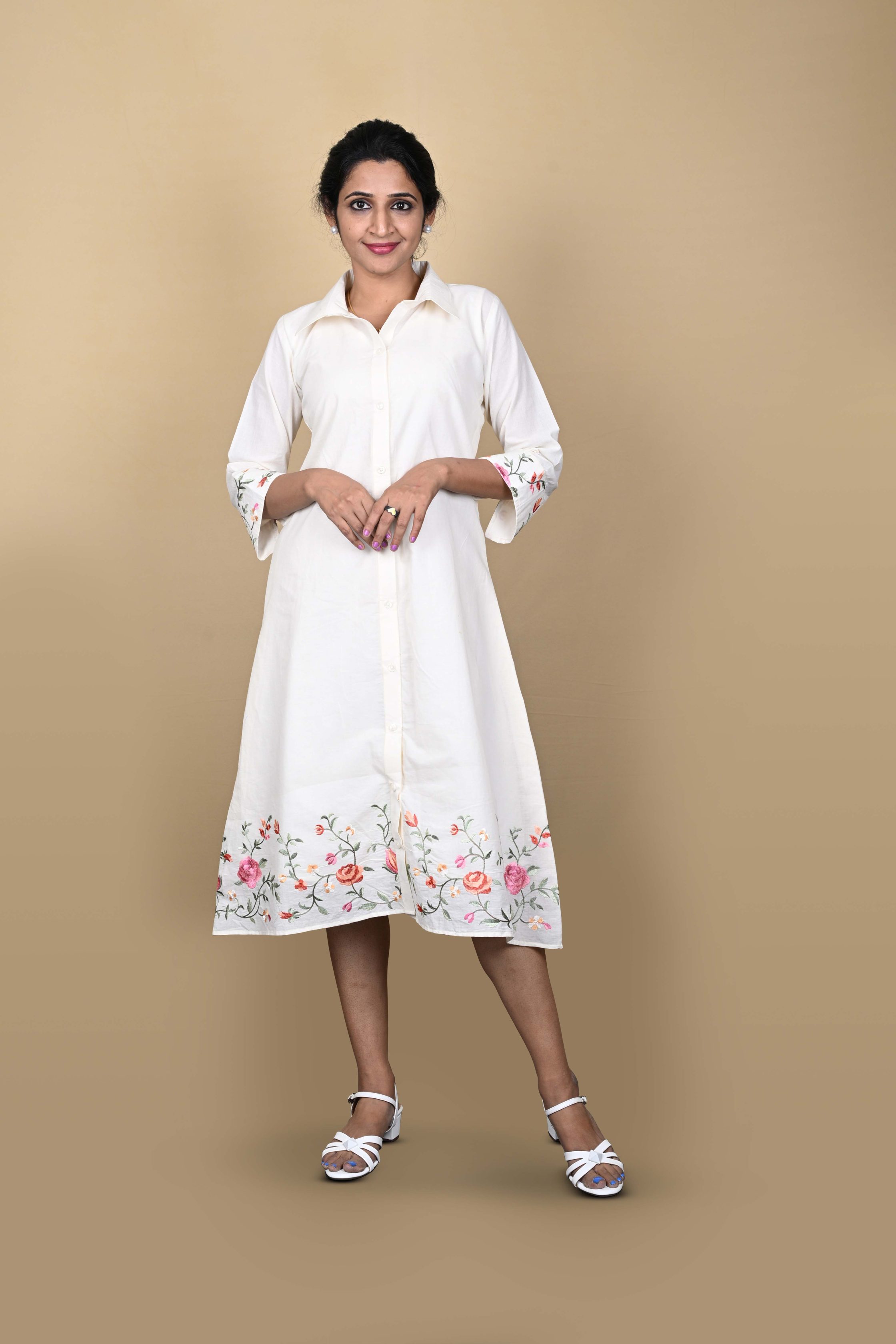 Ivory floral embroidered shirt dress for women