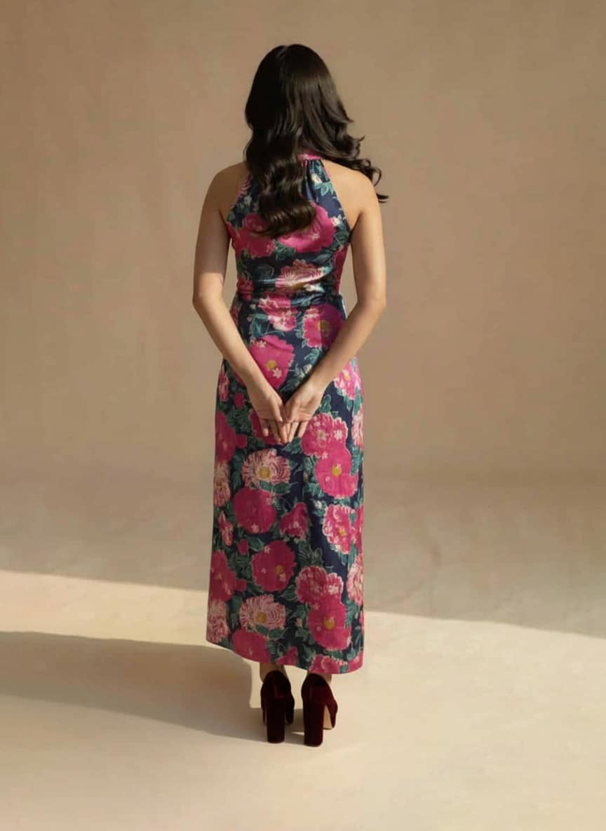 Navy blue floral halter maxi dress, back view