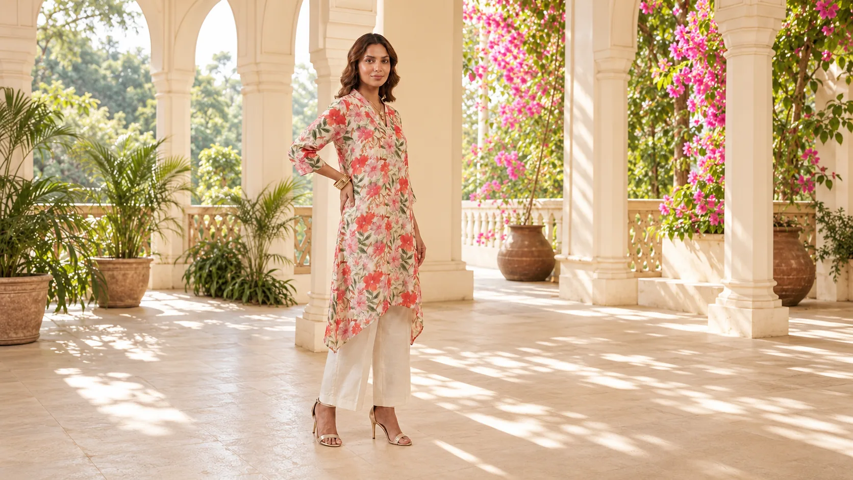Woman wearing an ivory floral kurta with white trousers in a sunlit veranda